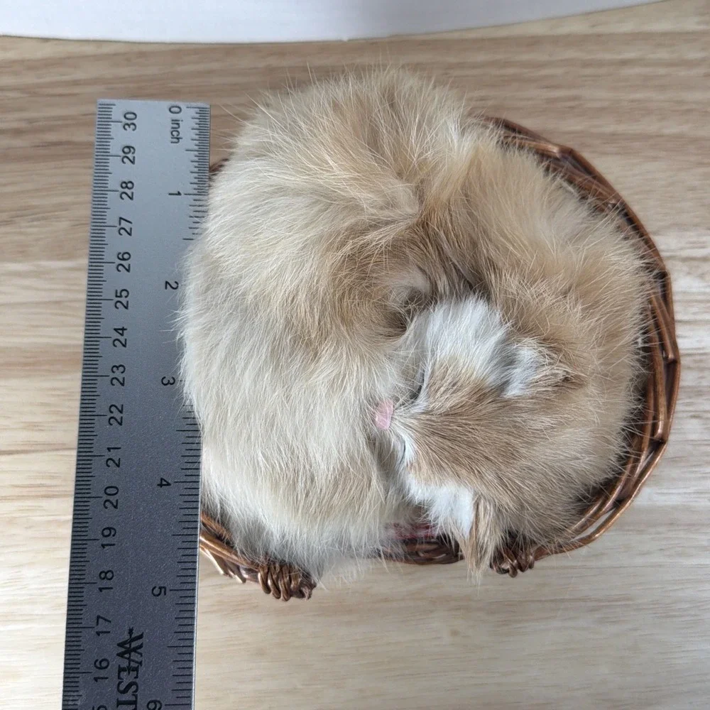 Vintage Lifelike Sleeping Cat Decor Genuine Rabbit Fur Cat in Basket Figurine